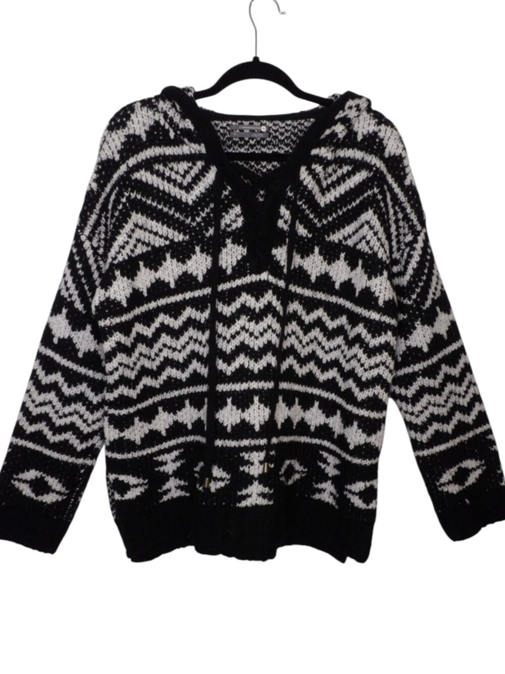 Anthropologie Black and White Nordic Fair Isle Hooded Sweater Size Medium